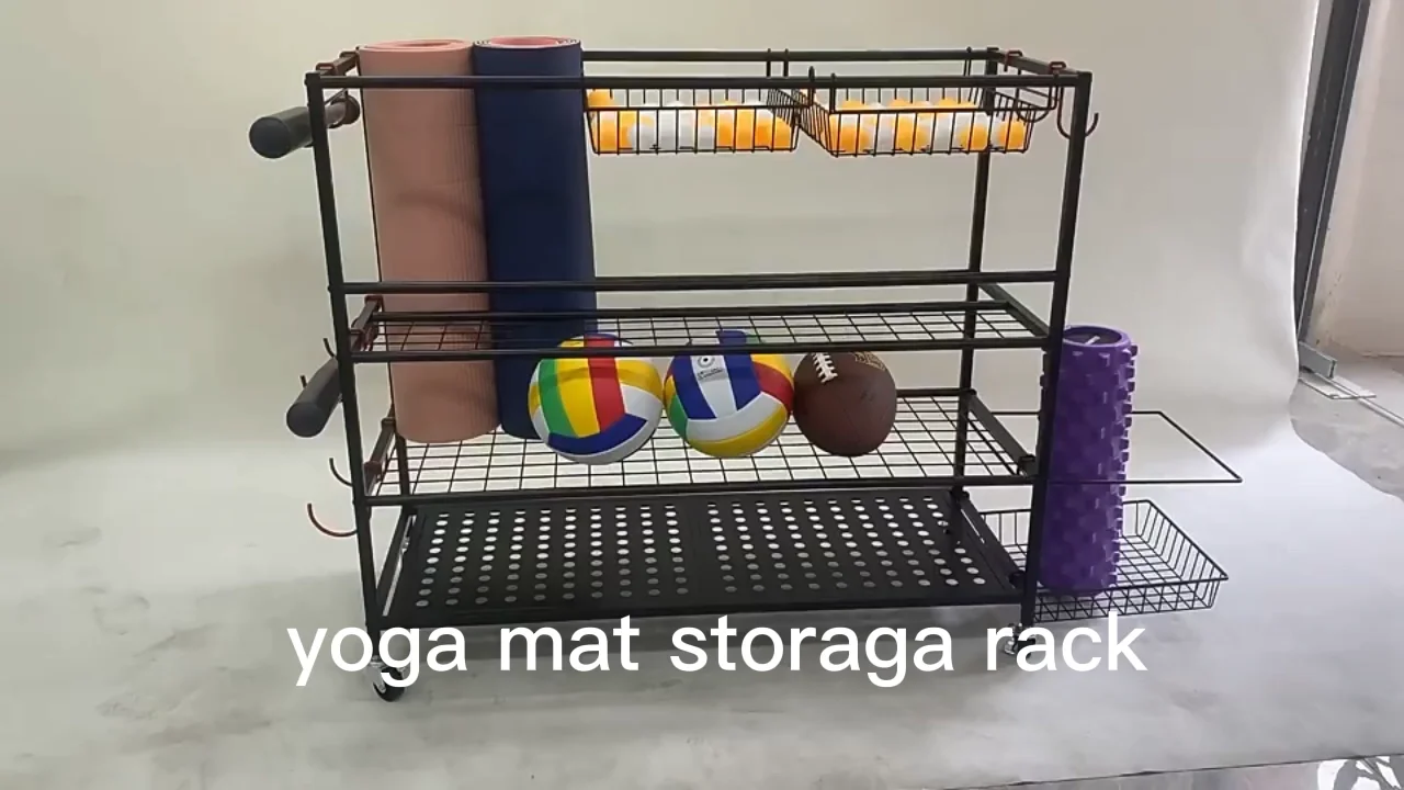 Yoga Mat Floor Stand Storage Shelf With Wheels Foam Rollers Holder