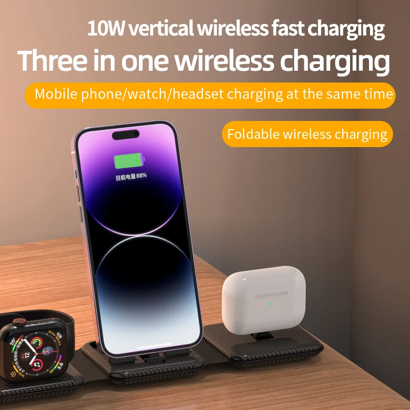 Folding 3-in-1 Wireless Charger Portable Slim Charging Pad Multi-Devices Charging Station for Cellphone Watch Earphones