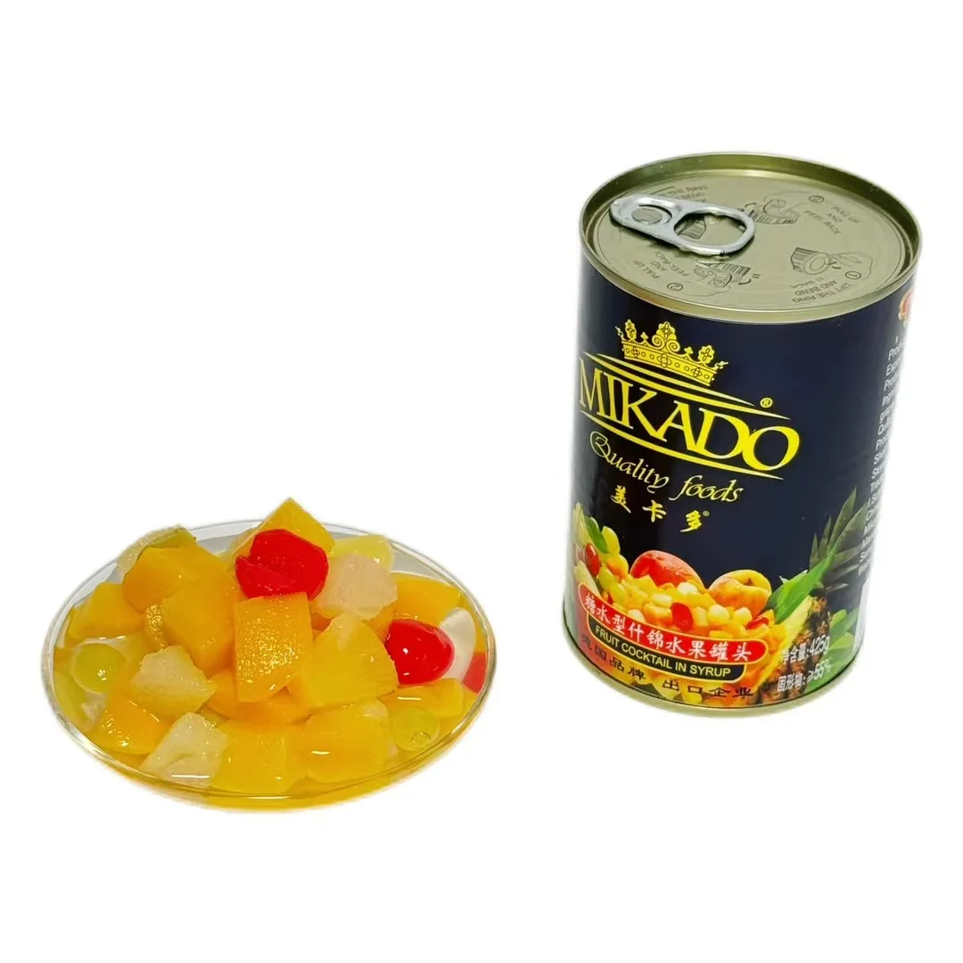 Fresh and High-quality Fruit Cocktail Jar Is Crafted From Tropical Fruits and Features Canned Fruits Soaked in Syrup.