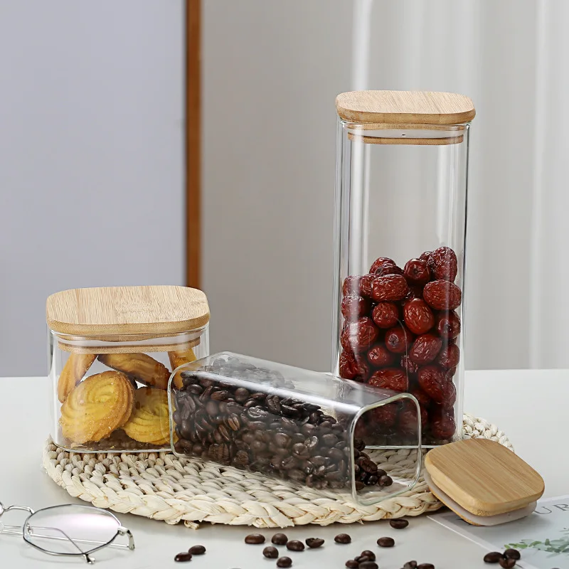 Hot selling handmade high borosilicate glass storage jar with bamboo lid