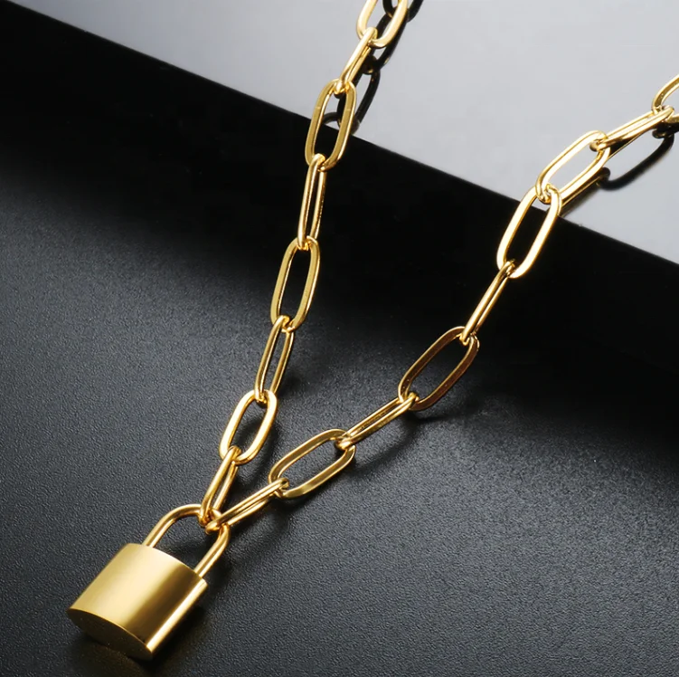 Padlock Chain Necklace Stainless Steel Lock Pendant Choker Punk Hip Hop  Gothic Necklace for Men Women (A, 18)