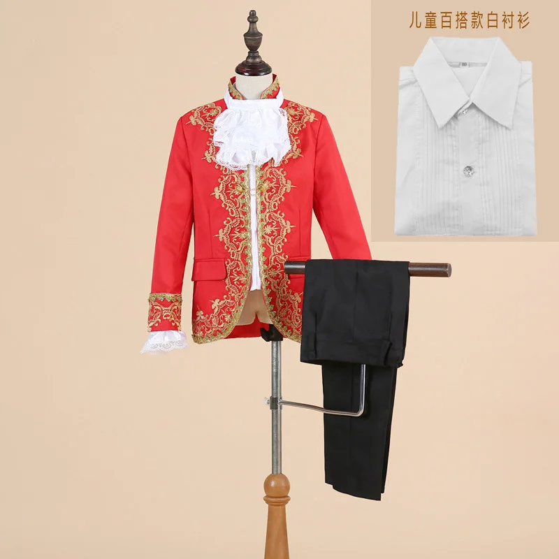 Victorian Prince Costume Suits Blazer Child Halloween Jabot Tie Outfit Cosplay Uniform Lace Jacket Coat for Kid Boys