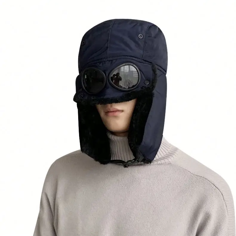 Newest Waterproof Russian Style Aviator Trooper Hat with Glasses Ski Windproof Earflap Faux Fur Winter Hat for Eye Protection