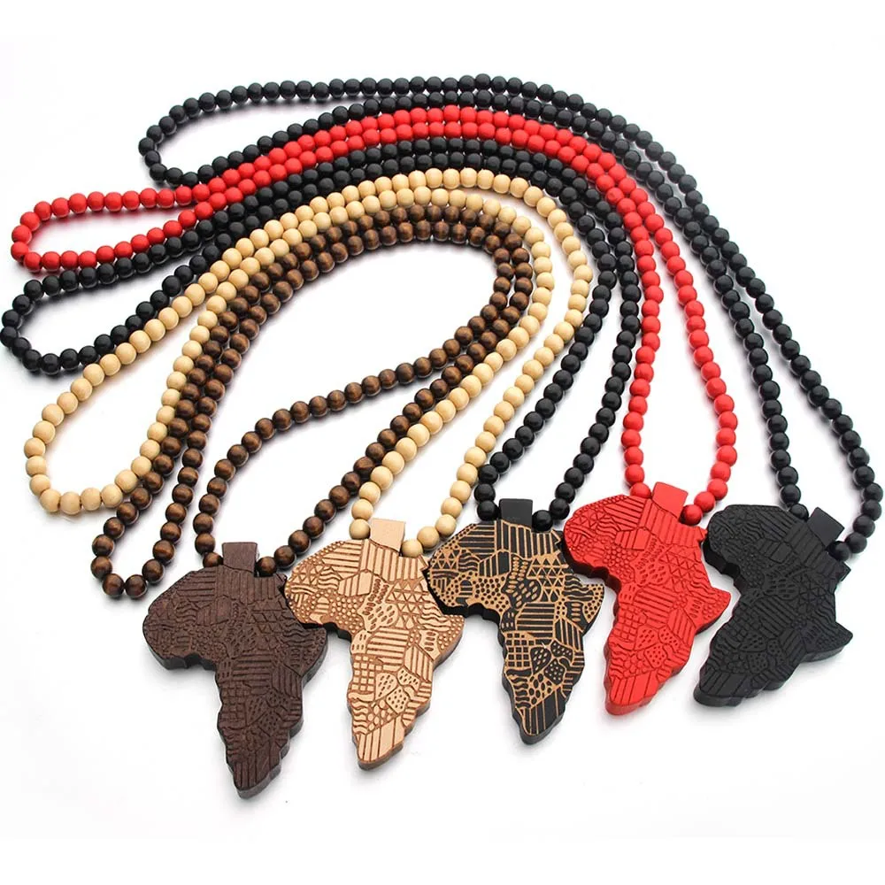 Hop Hip Piece Chain Wooden Africa Map Bead Pendant Necklace 