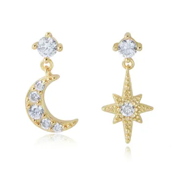 Fashion Design Asymmetrical Earrings Full Zircon Star Moon Earrings 925 Sterling Sliver Luxury Earring