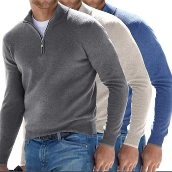 2023 Independent Station New Autumn Long Sleeve V-Neck Wool Plush Zipper Men's Casual Tops Polo Shirt