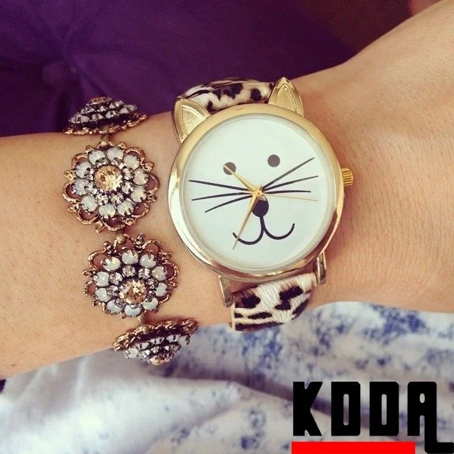 Vogue mignon chat visage dames montre avec imprimé léopard dames