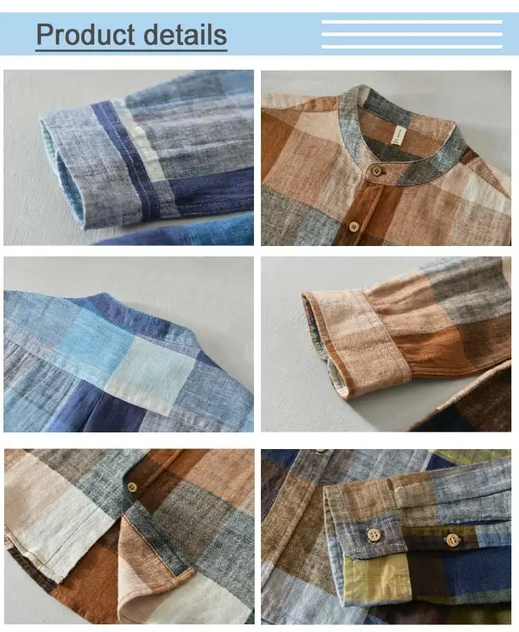 Moda giovanile con camicia a quadri a maniche lunghe, popolare camicia vintage in cotone e lino personalizzata all'ingrosso957_voghion.com
