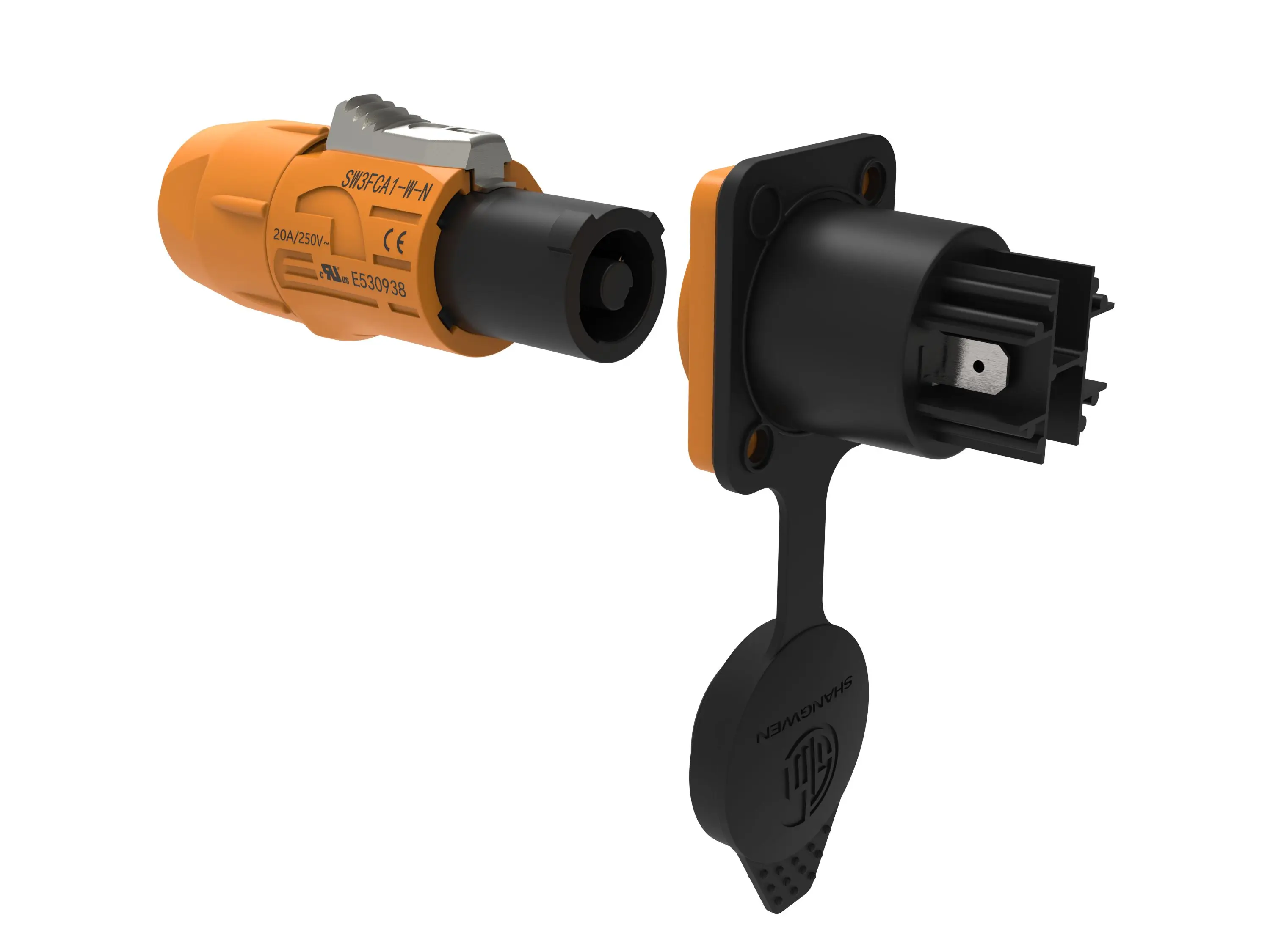 Outdoor IP65 Waterproof Powercon Connector 20A 250V 3-Pin Male Plug Female Chassis Socket Yellow Input LED Display Connector