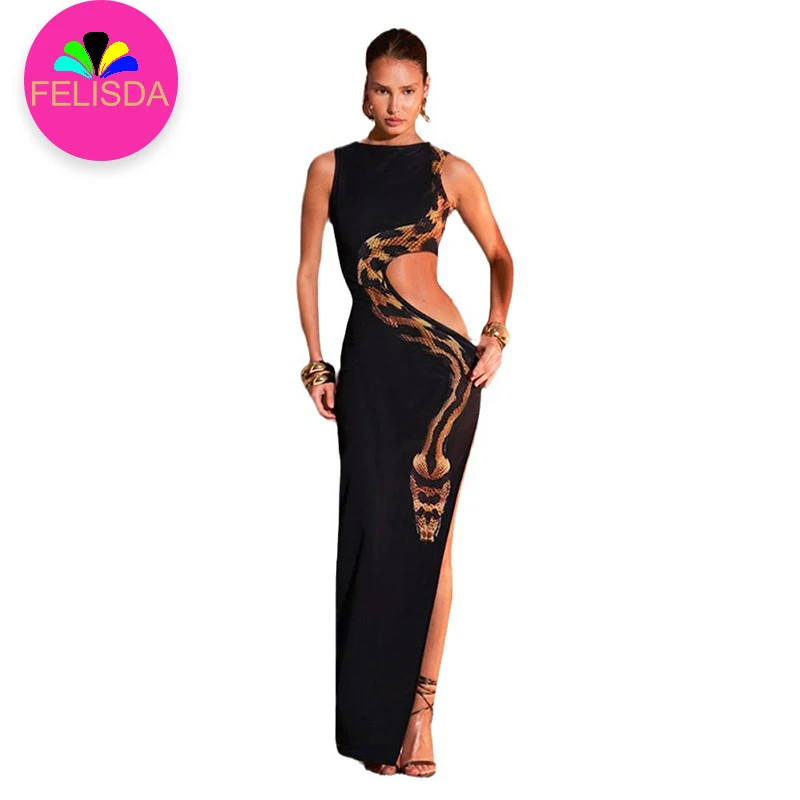 Black Cut Out Beach Dress Women Hollow Out Snake Print Slim High Slit Club  Party Dresses Summer Sexy Split Sleeveless Long Dress