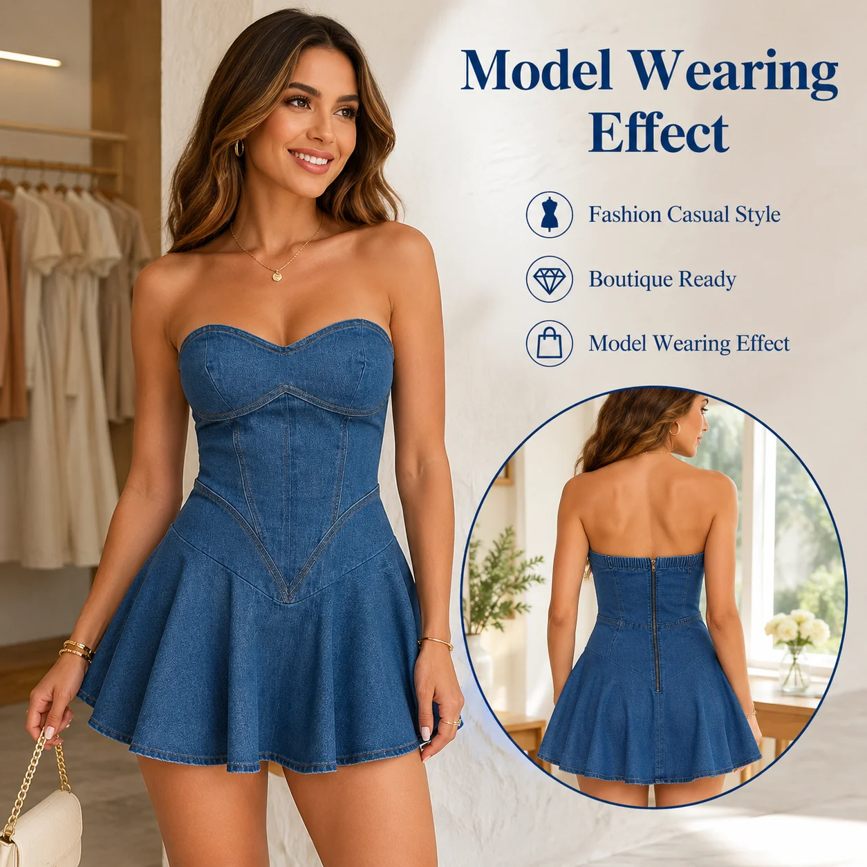 New Arrival Hot Selling Fashion Sexy Solid Color Denim Bustier Dress Women Summer Strapless Natural Waist Mini Pleated Short