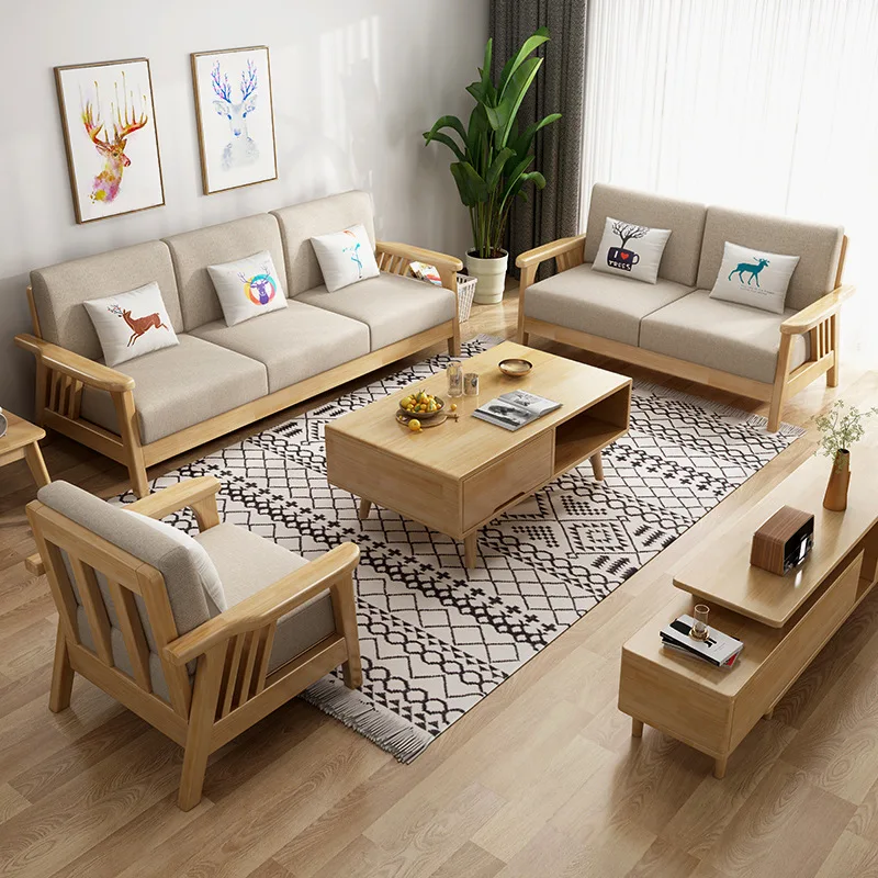 Nordic All Solid Wood Sofa Set Living Room Oak Cloth Sofa Can Be