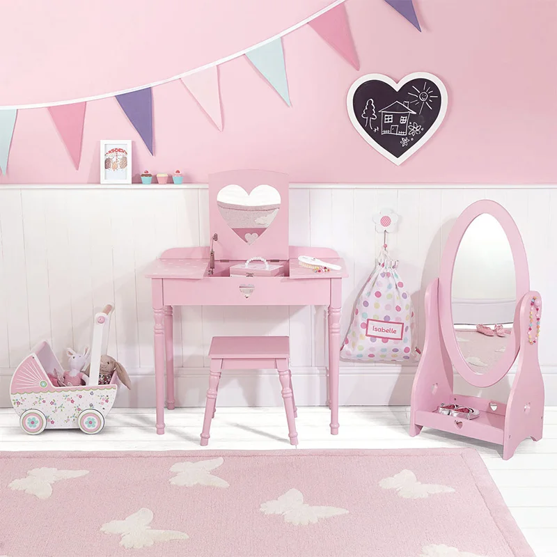 pink heart dressing table AIYAPLAY Kids Dressing Table Set, Vanity Table with Stool, Mirror, Drawer, Desktop Storage, Heart Theme, Pink