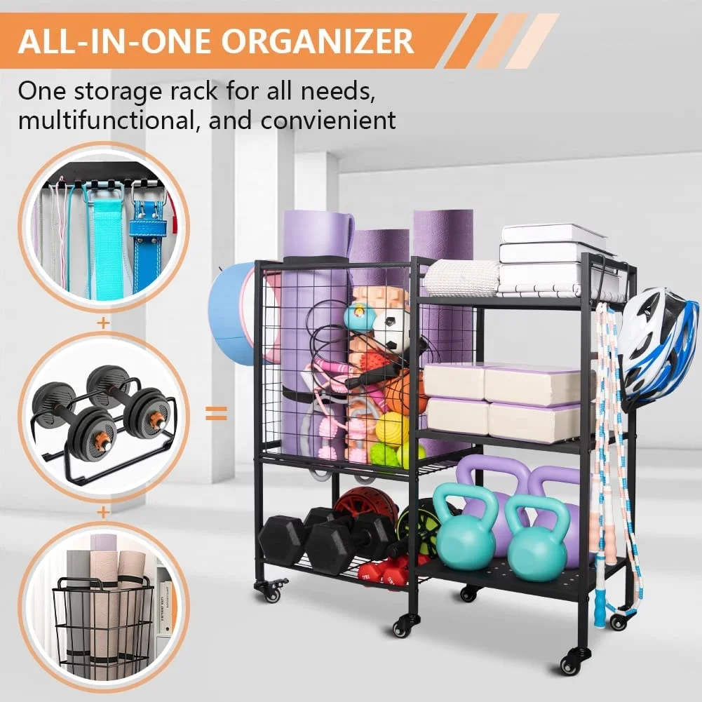 ガレージス スチールローリングヨガマット収納カート、筋力トレーニング機器、ホイールとハンギングフック付きダンベルラック Buy