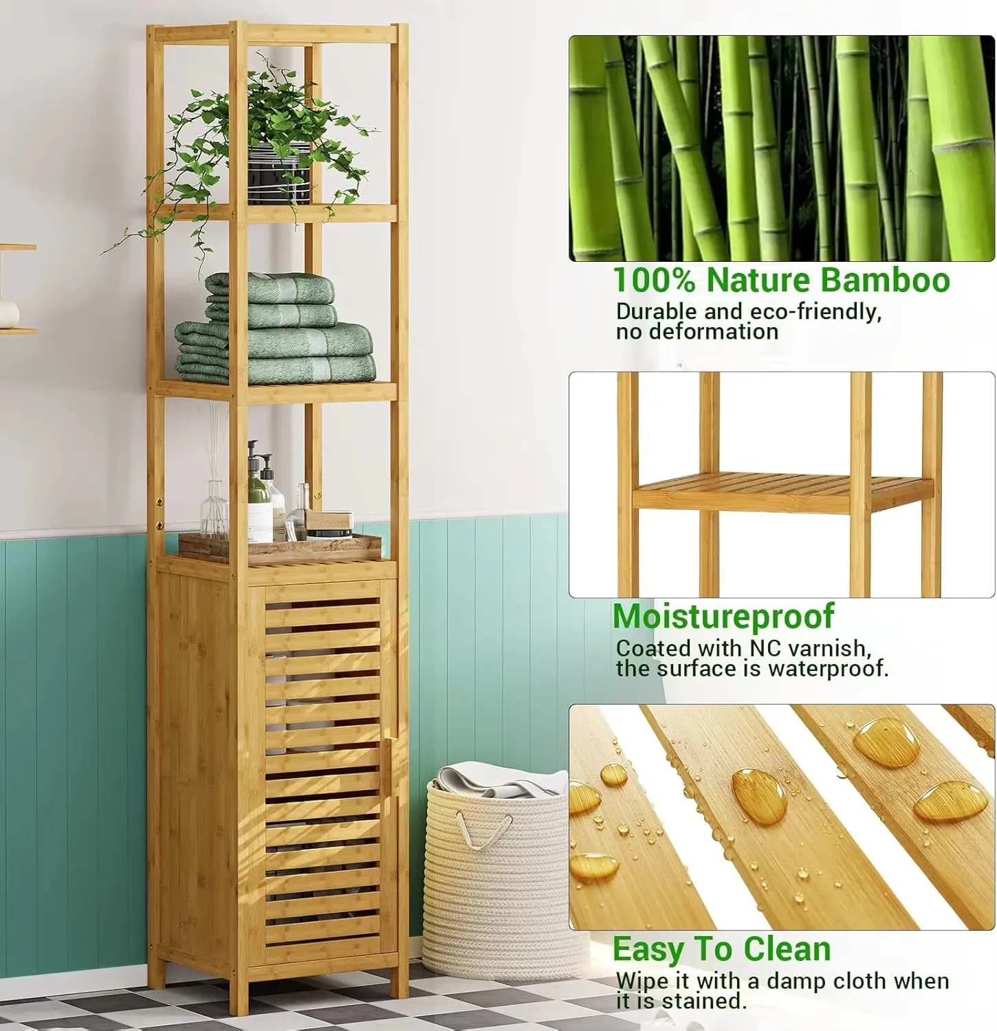 product bamboo tall bathroom storage cabinet freestanding linen tower with shutter door shelves organizer for towels-4