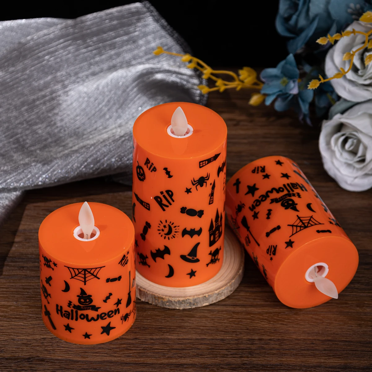 product halloween flat mouth candle flameless led candle halloween print warm light holiday decoration lamp party home decoration-29