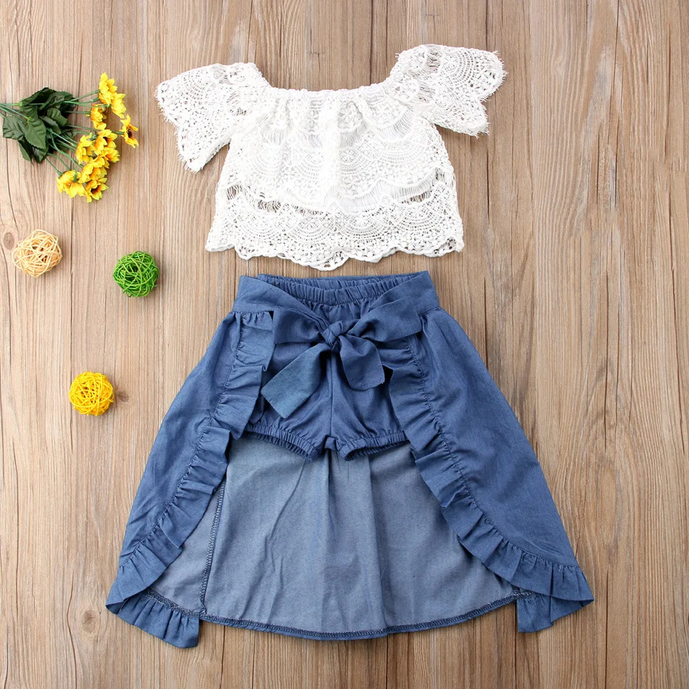 Girls' Softened Water Washed Simple Cargo Denim Skirt Suit | SHEIN