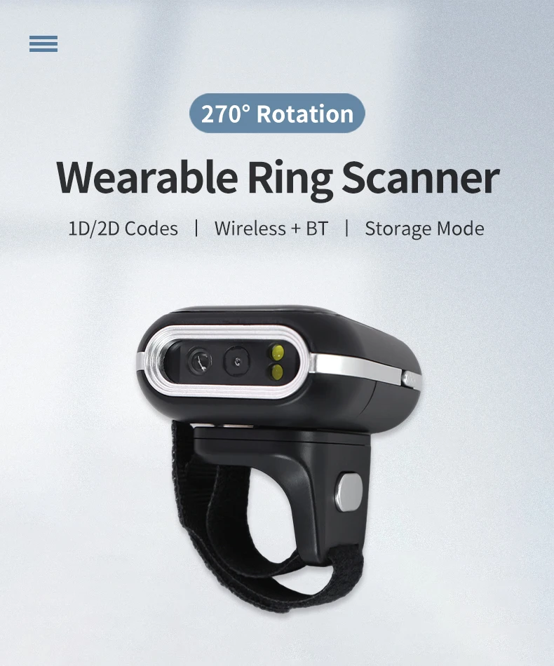Bluetooth Portable 1D 2D Mini Pocket Size Scanner  Ring Wearable Wireless Barcode Reader for Book, Warehouse Inventory, Express