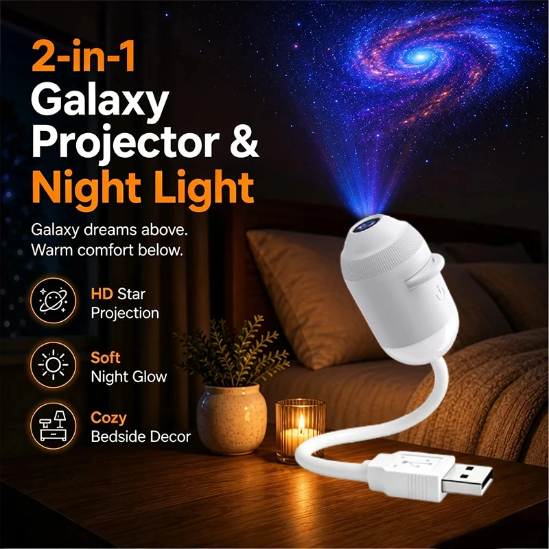 2026 USB Powered ABS LED Night Light Projector Galaxy Star Nebula Aurora Sky Dynamic Rotating Light for Kids Bedroom