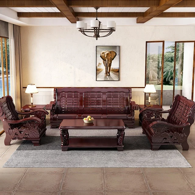 Good Wooden Sofa Set Designs Chinese Factory Made 1+2+3 Unit Solid