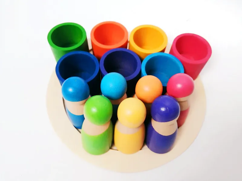Rainbow Wooden Peg Dolls in Bowls 7 Bowls Wooden Sorting and Matching Rainbow Peg Dolls With Tray