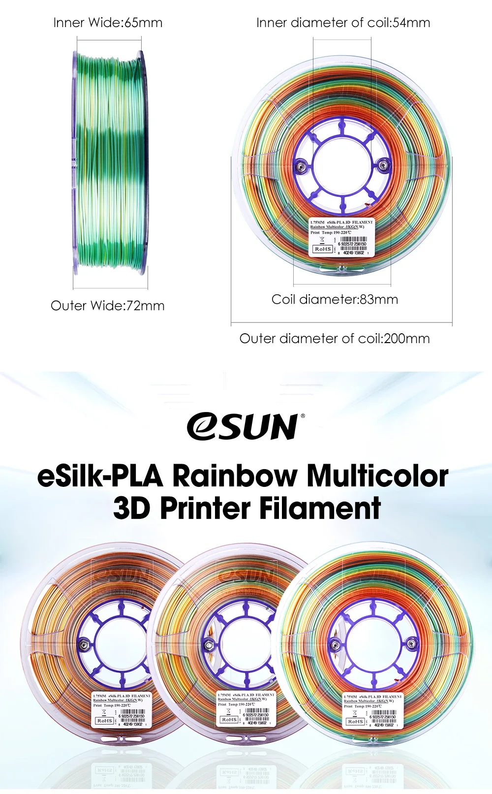 eSun eSilk 3d Printer Filament Silk PLA 1.75mm Rainbow