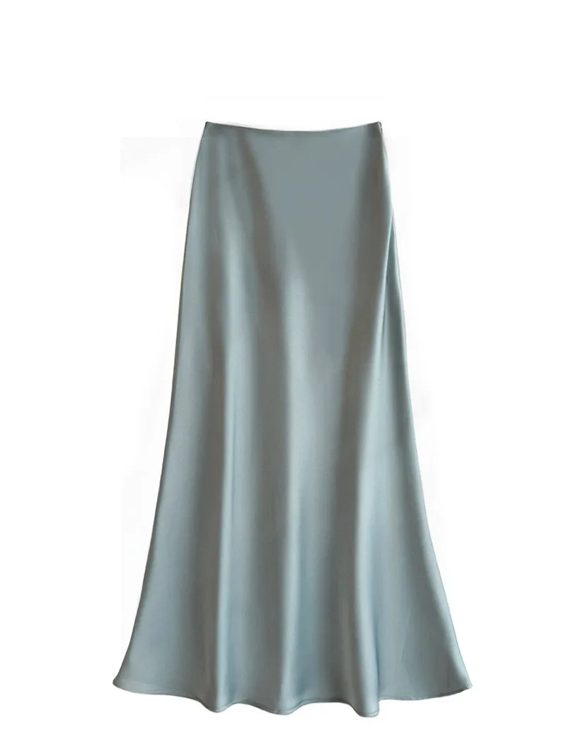 Summer Satin Long Skirt for Women Spring Summer Solid Color Fishtail Skirt Elegant Office Ladies High Waist Solid A-line Skirt