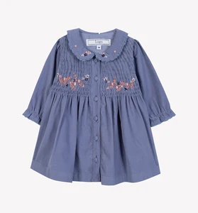 High Quality Kids Winter Dress OEM ODM Long Sleeve Cotton Corduroy Casual Ball Gown Peter Pan Smocking Embroidery for Girls