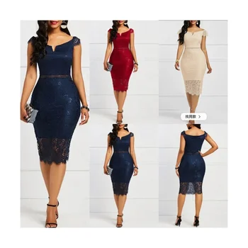 New fashion women sleeveless shoulder back zipper Lace girl solid slim pencil casual party evening dress