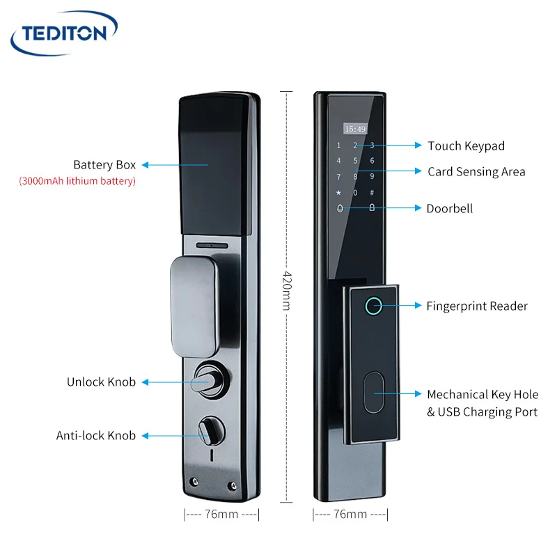 Tediton Tuya Wifi Biometric Fingerprint Intelligent Digital Push Pull Smart Door Lock With Camera
