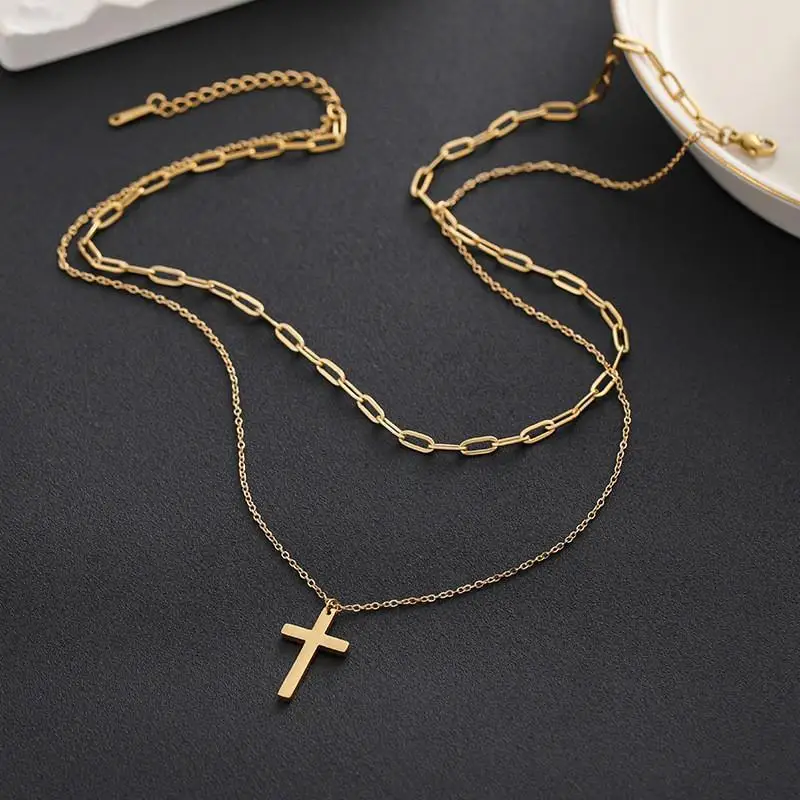 2pcs Boho Multilayer Stainless Steel Cross Pendant Necklace