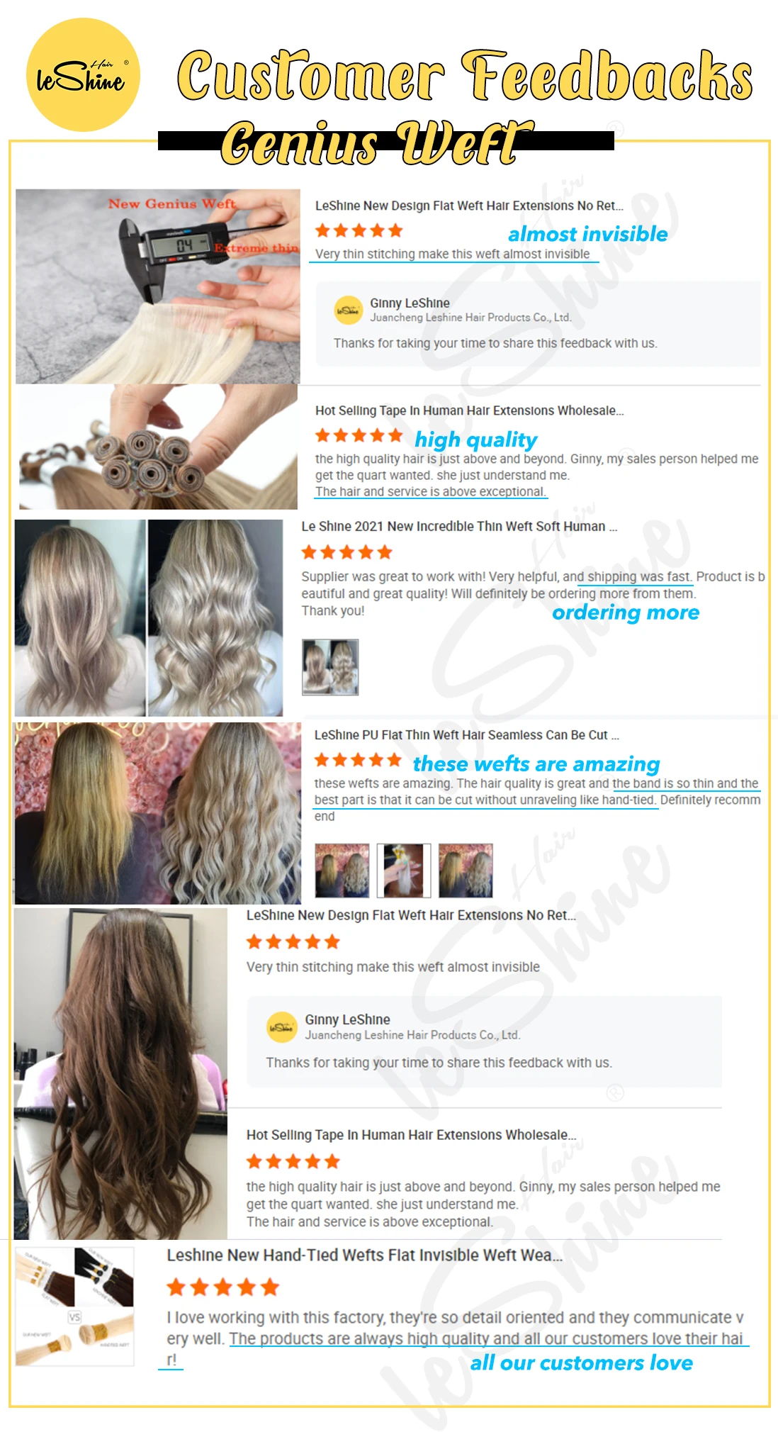 LeShine 100% Human Hair hand tied weft Thick Ends Can Be Cut Invisible Genius Weft Hair extension supplier