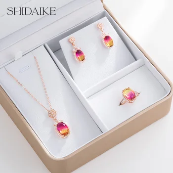 Luxurious Women's Gold Plated Copper Necklace Earrings Rings Set Colorful Diamond Zircon Fashion for Christmas Gifts