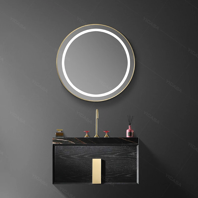 Роскошная тарелка из спеченного камня раковина для ванной комнаты латунная ручка твердый деревянный настенный шкаф со светодиодным зеркалом