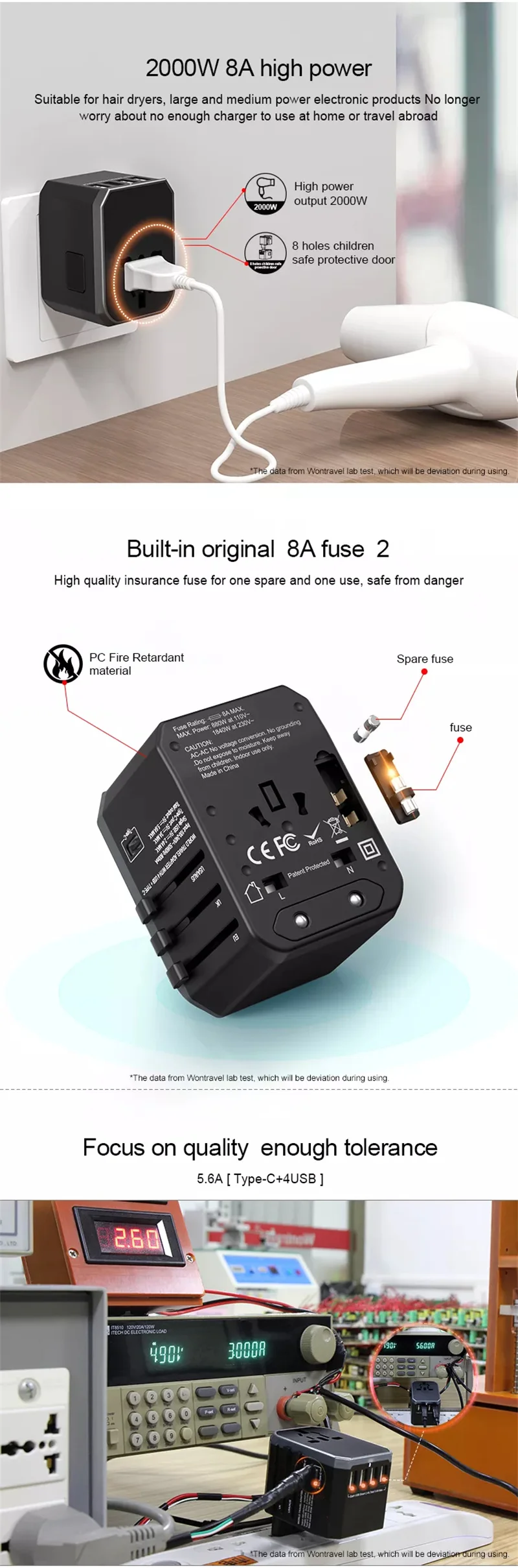 Smart Travel Adapter International Plug Adaptor Wall USB Type C Charger AC Power for USA EU UK AU US