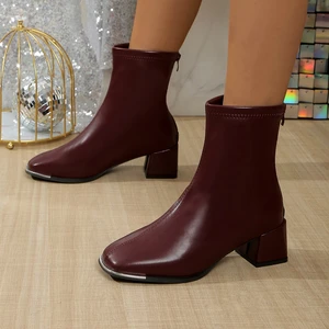 Hot Selling Fashion Trend square Toe PU Chunky Heels Ankle Zip Boot Roman Bootie Country Boot
