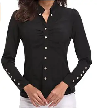 Women's V Neck Formal Blouse Long Sleeve Button Down Plain Work Office Shirts Tops