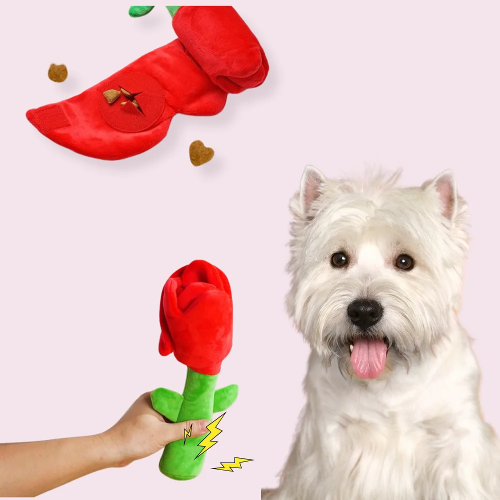 Red Rose Squeaker-Loaded Stuffed Dog Puzzle Toy Eco-Friendly Plush Toy for  Valentine's Day Cute Style