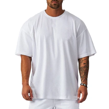 Oversized  Loose men's T-shirt large mesh polyester breathable quick drying fitness running sports men short sleeve T-shirt