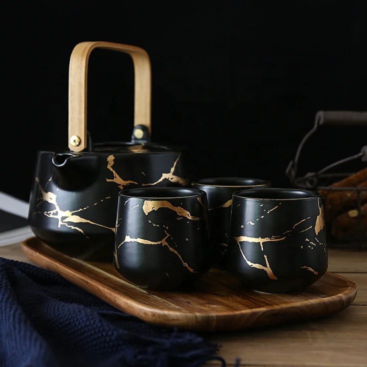 Лидер продаж 2020, роскошные кофейные кружки и набор кастрюль, Мраморная глазурованная керамическая чашка, чайник с чашками, поддержка индивидуального логотипа