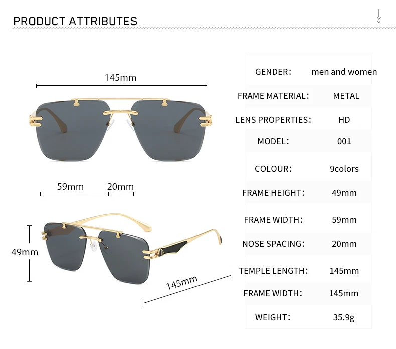 New Double Rimless Sunglasses Pilot Driving Shades Sun Glasses Square ...