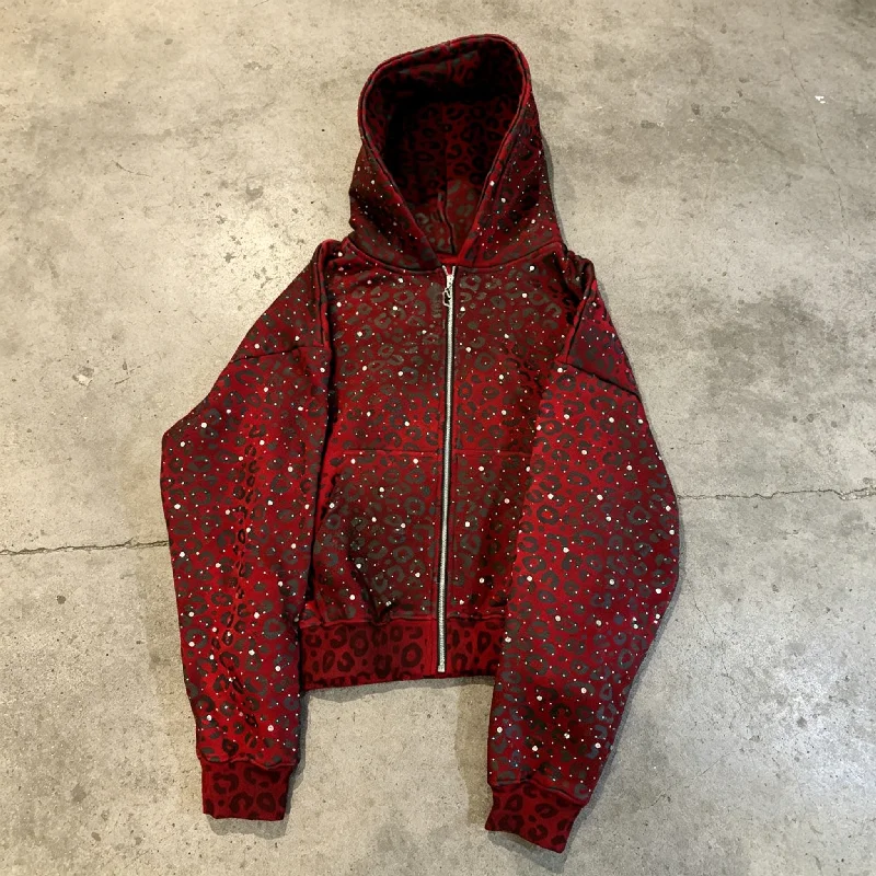 OEM Streetwear Heavyweight Cotton All Over Sublimation Printing Oversized Boxy Rhinestone Leopard Print Zipup Hoodie Men