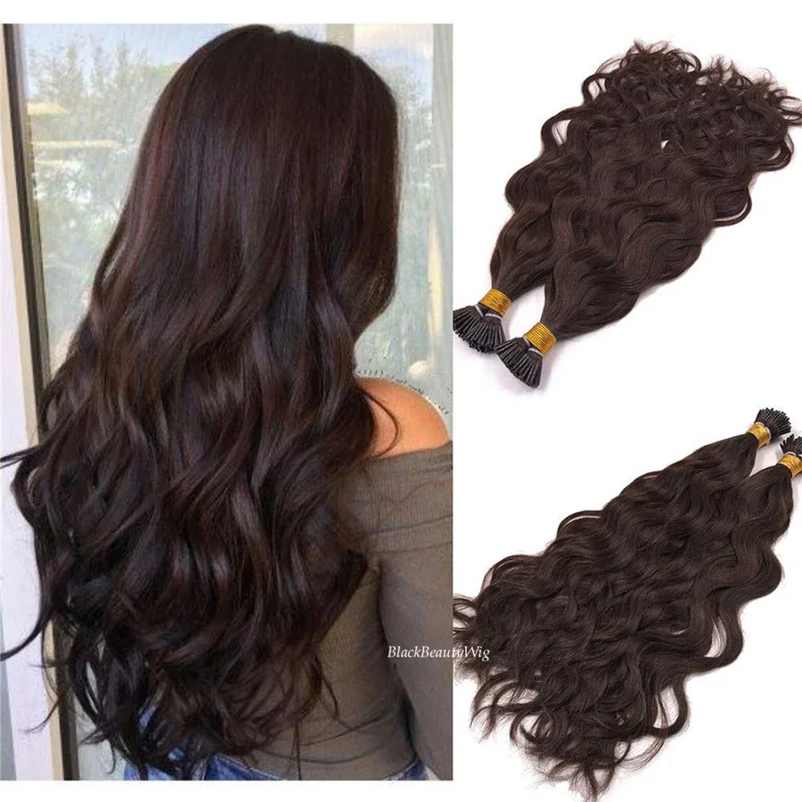 Haarverlängerung aus Menschenhaar, natürliche Welle, malaysisches Haar, Microlink, vorgebundener Stick, dunkelbraun, 100 g, 100 Strähnen_voghion.com