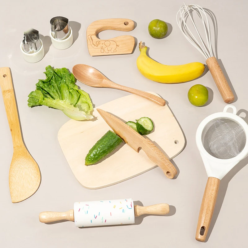 10 PCS Toddler Montessori Kitchen Tools Nature Wood Utensil Wooden Kids Safe Knife and Kids Baking Set for Real Cooking
