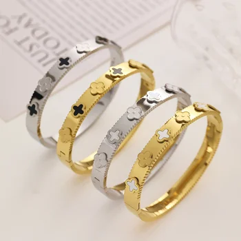 Designer Men/Women Gold-Plated Stainless Steel Clover Zircon Cuff Bracelet Fashionable Couple Accessory