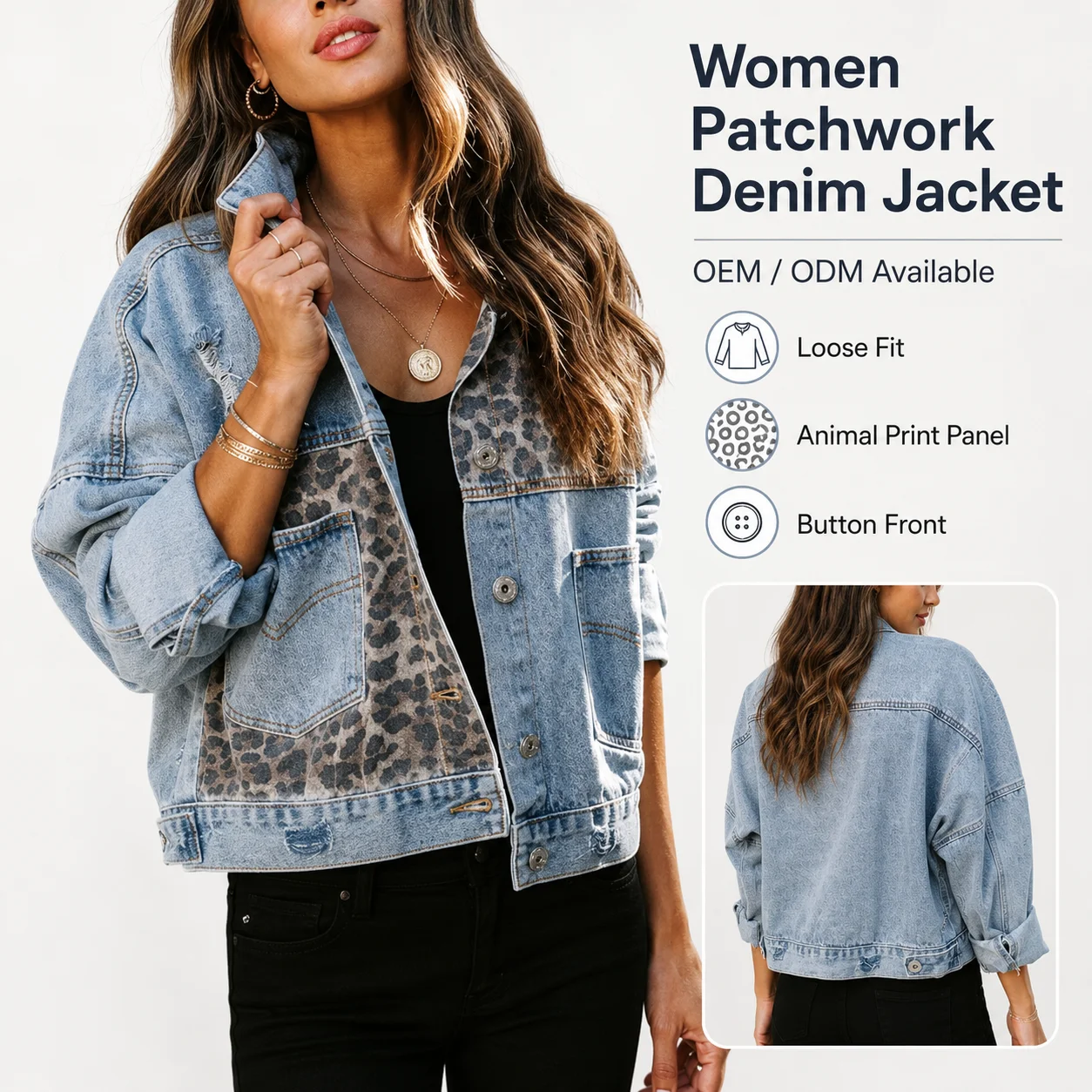 Autumn Winter Cross-border for Vintage Distressed Denim Jacket Women's Independent Site Leopard Print Spliced Short Top