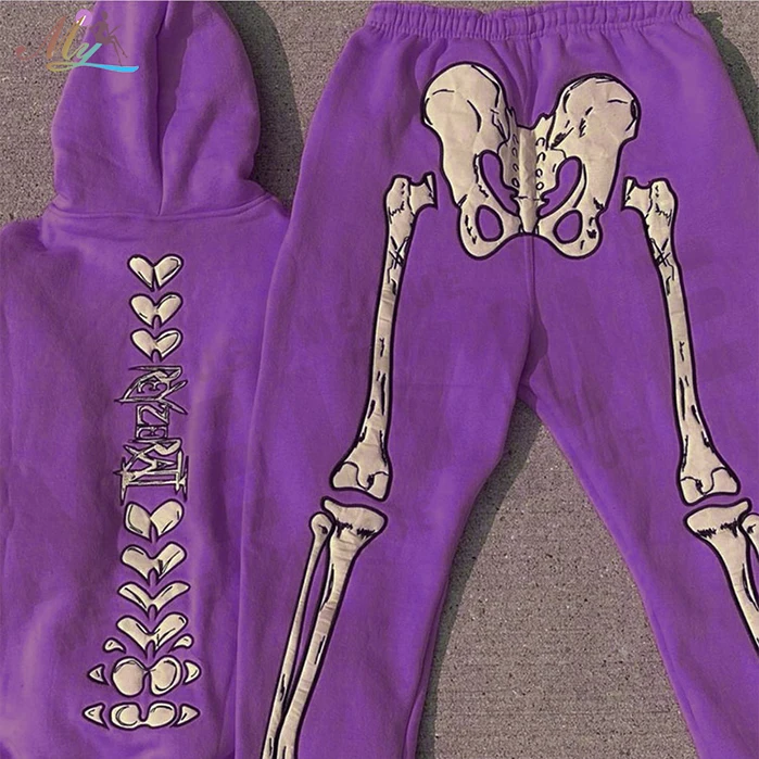 Custom Embroidery Skeleton Sweatsuit Full Face Zip Hoodie And