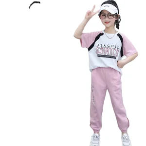 Kids 2021 Summer Splice Sports Short Sleeve Letter Round Collar Letter Elastic 2PCS Pants Girls Clothing