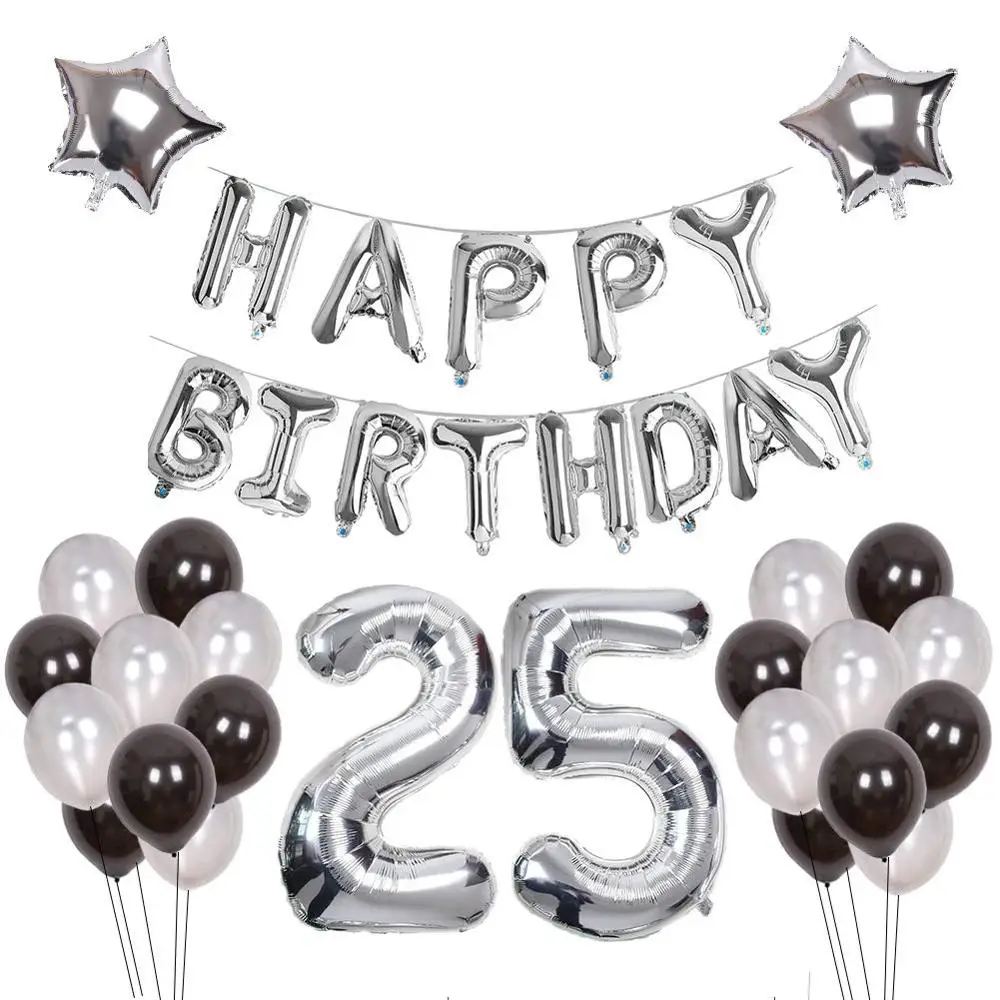25th Birthday Decoration Happy Birthday Banner Balloons 25 Years Old Birthday Party Supplies Helium Balloons Number 25 Balloons Latex Balloon Foil...