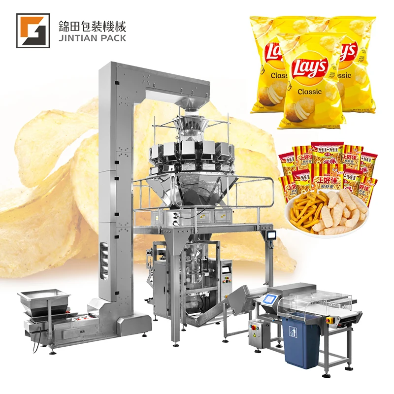 JintianPack Automatic Snacks Bag Vertical Packaging Machine 10/14 Heads Weigher Pouch Puff Nitrogen Food Packing Machine